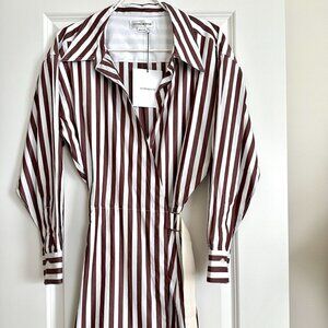 Women's NWT VICTORIA BECKHAM Striped Long Sleeve Wrap Shirt Dress in Dark Brown